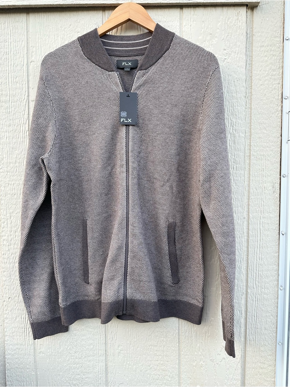 FLX Mens Premium Full-Zip Sweater Large Brown Textured
Knit Bomber Jacket